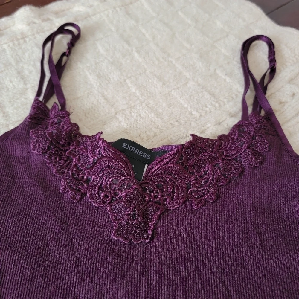 90s y2k Express Wool Silk Ribbed Knit Lace Accent Tank Top Cami size M Purple